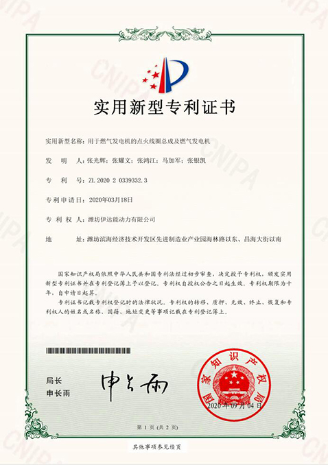 用于燃?xì)獍l(fā)電機(jī)的點火線圈總成及燃?xì)獍l(fā)電機(jī)-實用新型證書